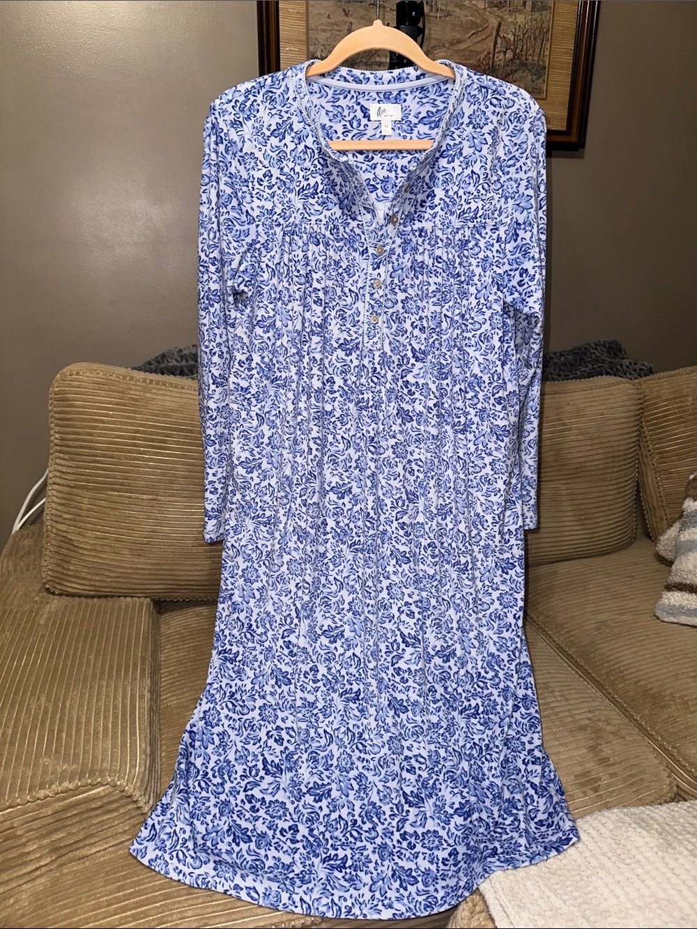Aria Collection Blue and White Long-Sleeve Floral Nightgown Soft Plush